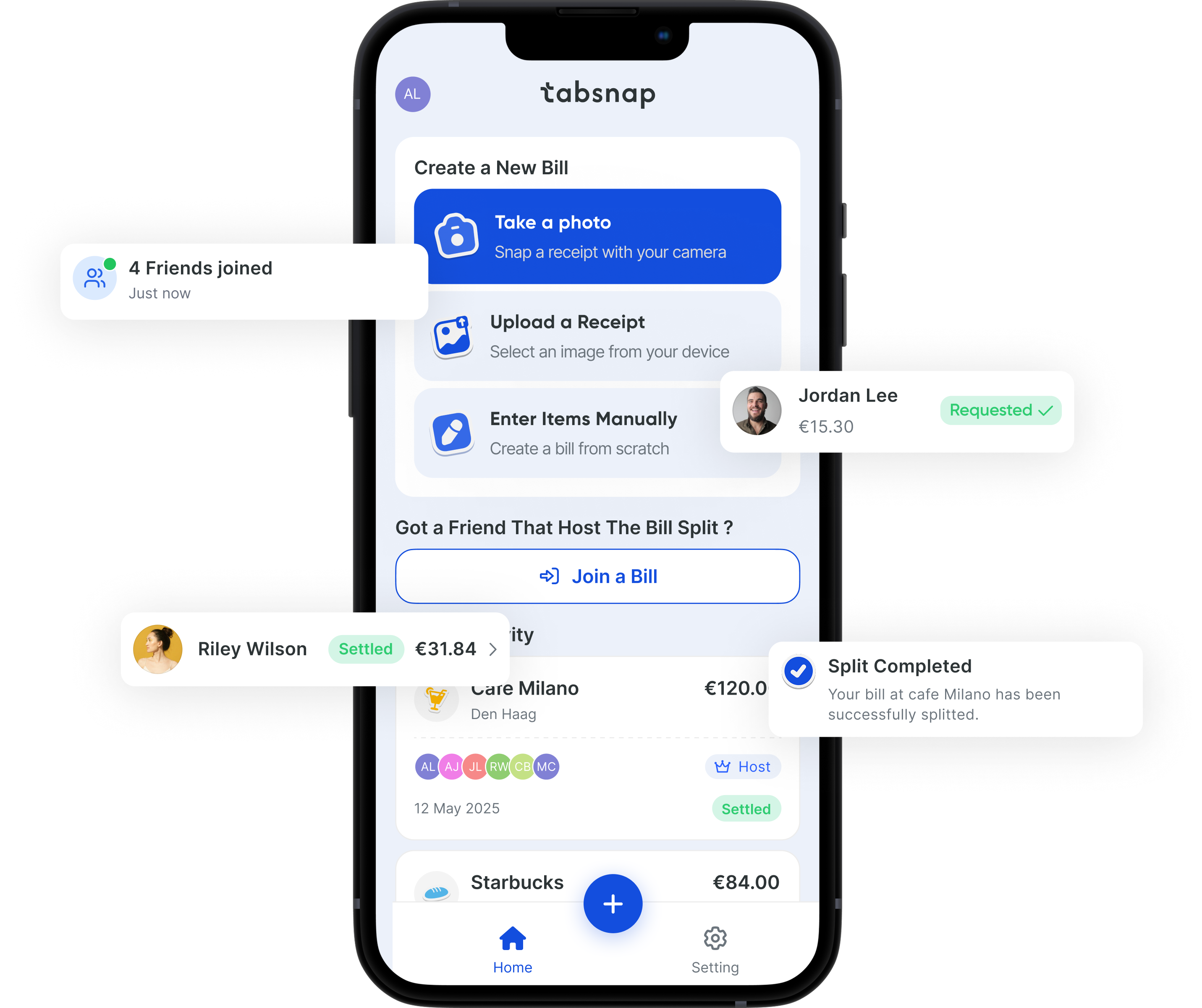 Tabsnap iPhone app interface showing bill creation options, friend notifications, payment requests, and transaction history